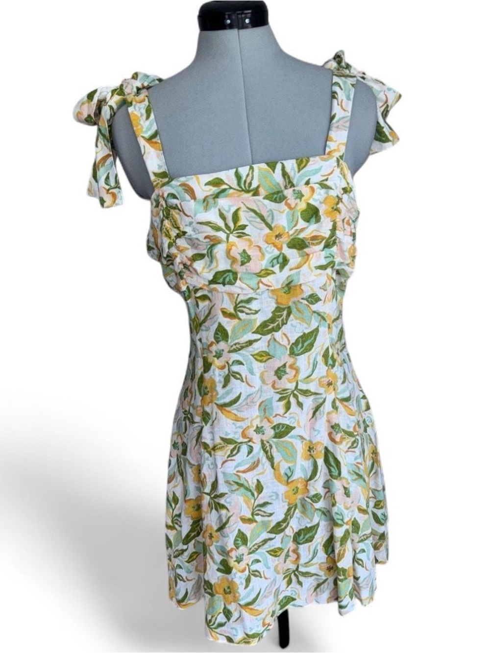 Sundress-Zara Yellow & Green Floral Tie-Shoulder Mini Dress